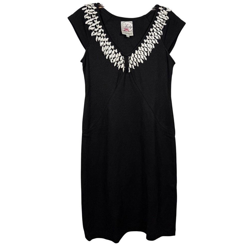 Yoana Baraschi Black-and-White Knit Sheath Dress Lace Crochet Trim Stretch Small